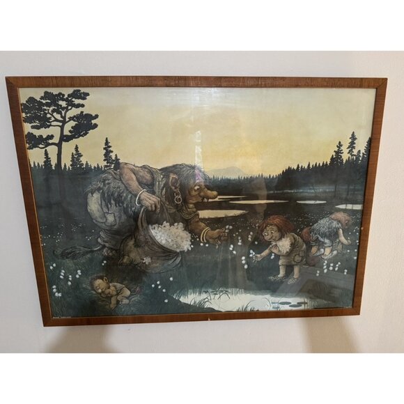 Vintage Rolf Lidberg Troll Art ‘Night On The Marsh/Cotton Grass” Print Framed - Picture 2 of 11